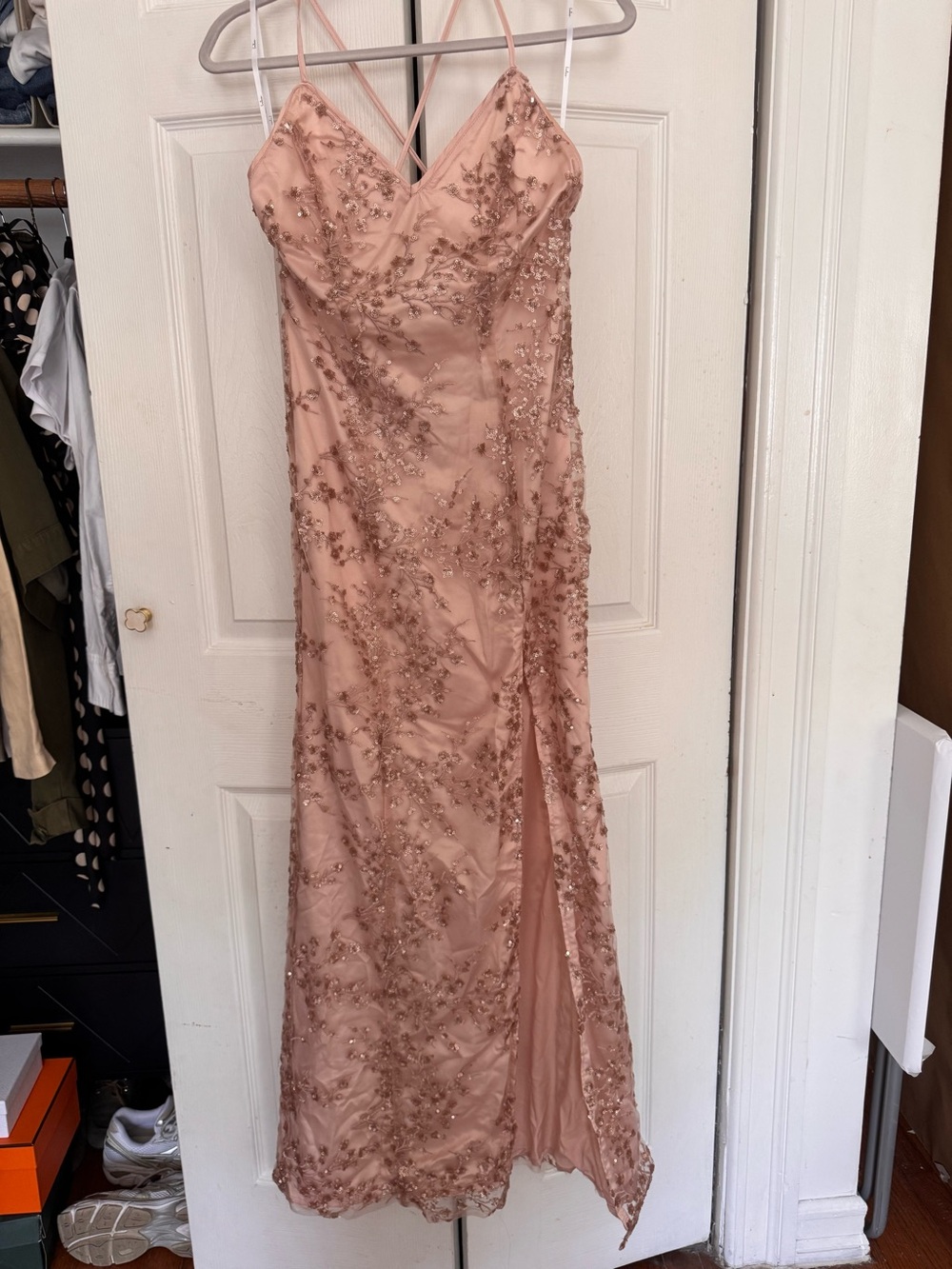 Lulu's Blush Pink Sequin Floral Evening Dress